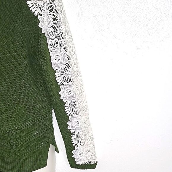 Listicle Army Green Sweater with White Lace Embroidered Longsleeves, Size Small - Picture 3 of 7